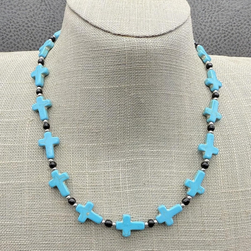 Cross Necklace Turquoise Bead Silver Tone Boho‎ Statement Adjustable Clasp 16"